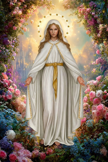Our Lady of Grace Canvas Print, Catholic Virgin Mary Wall Art, Blessed Mother Apparition in Floral Garden, Sacred Christian Decor, Inspirational Faith Gift