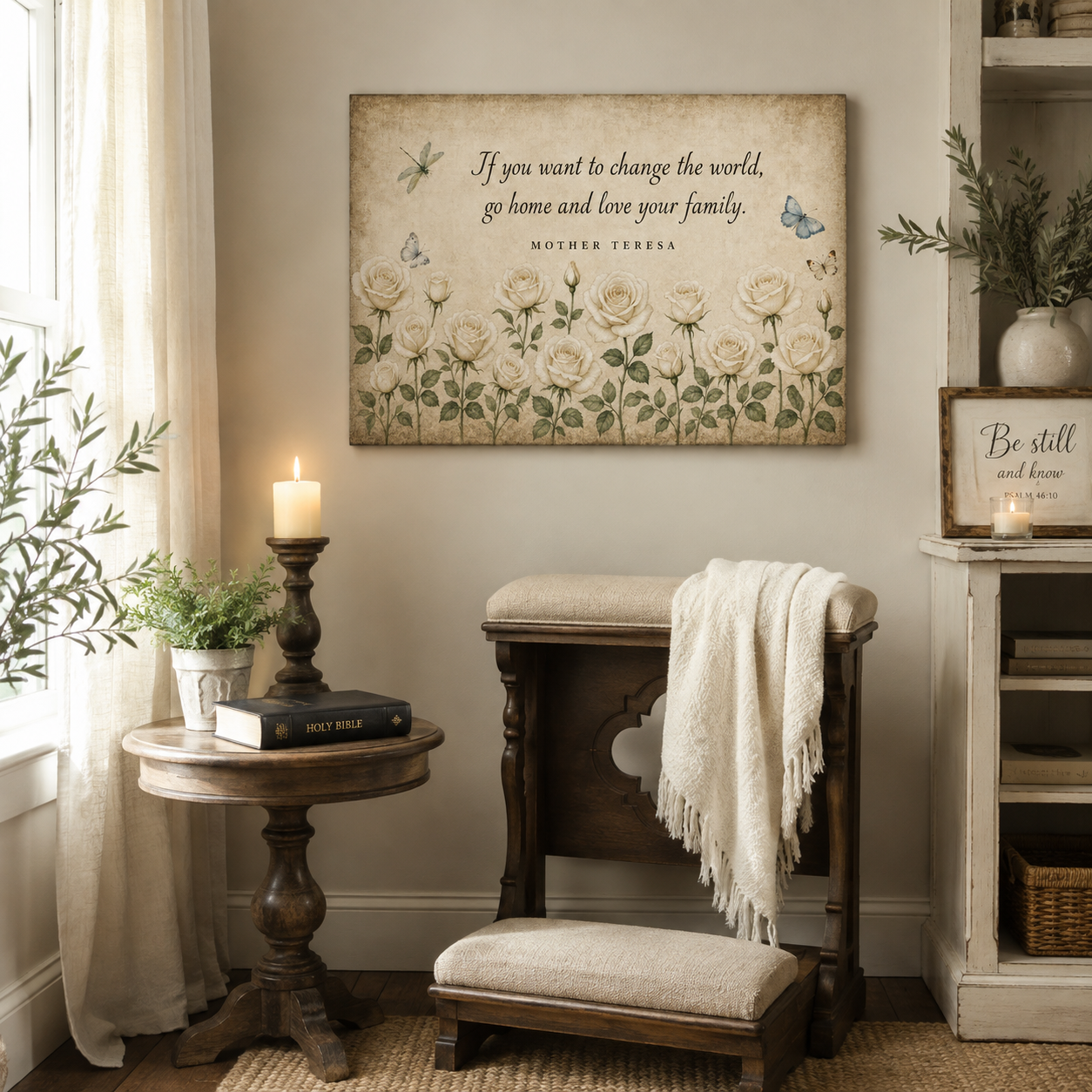 Mother Teresa Family Quote Canvas Print - White Roses Farmhouse Art