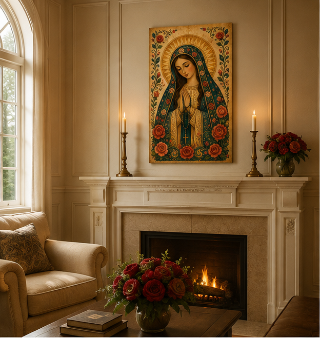 Blessed Virgin Mary with Rosary Canvas Print, Prayer Grace and Motherly Protection, Catholic Home Decor