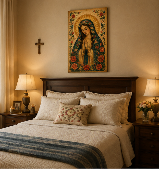 Blessed Virgin Mary with Rosary Canvas Print, Prayer Grace and Motherly Protection, Catholic Home Decor
