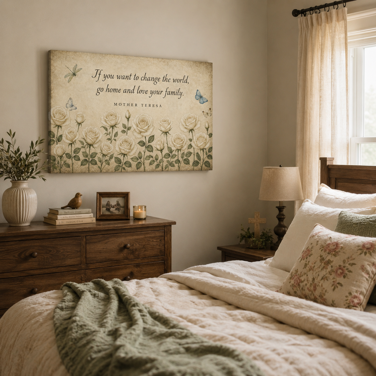 Mother Teresa Family Quote Canvas Print - White Roses Farmhouse Art