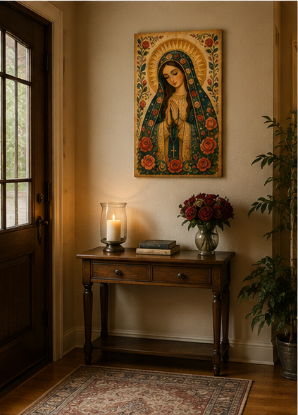 Blessed Virgin Mary with Rosary Canvas Print, Prayer Grace and Motherly Protection, Catholic Home Decor