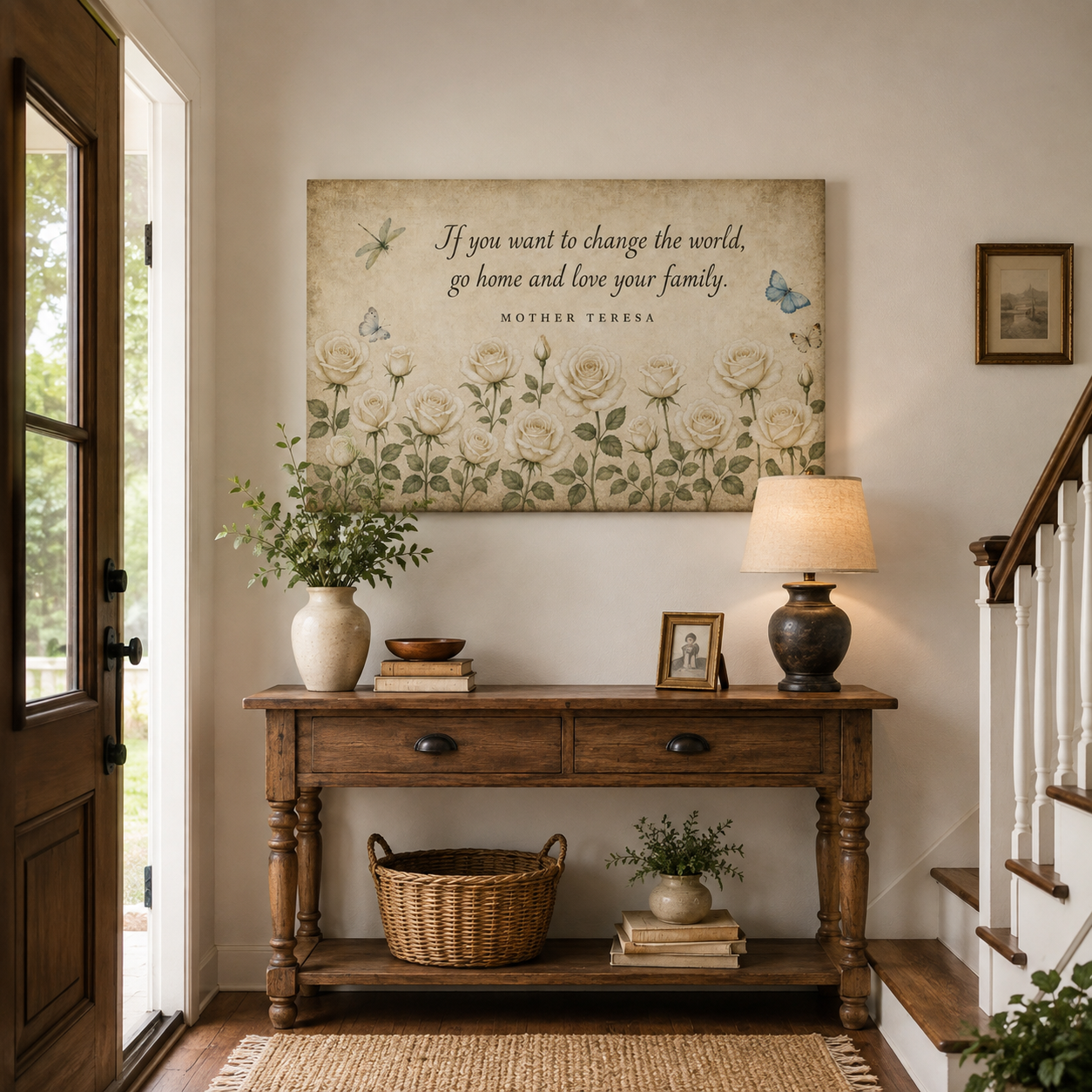 Mother Teresa Family Quote Canvas Print - White Roses Farmhouse Art