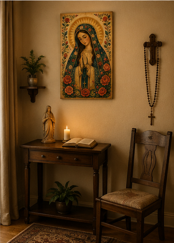 Blessed Virgin Mary with Rosary Canvas Print, Prayer Grace and Motherly Protection, Catholic Home Decor