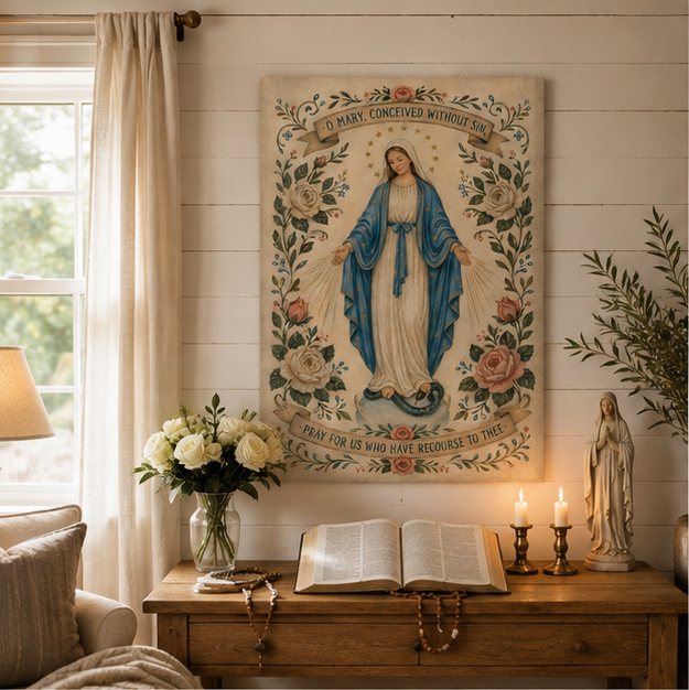 Our Lady of the Miraculous Medal Canvas Print, O Mary Conceived Without Sin Prayer, Catholic Home Decor
