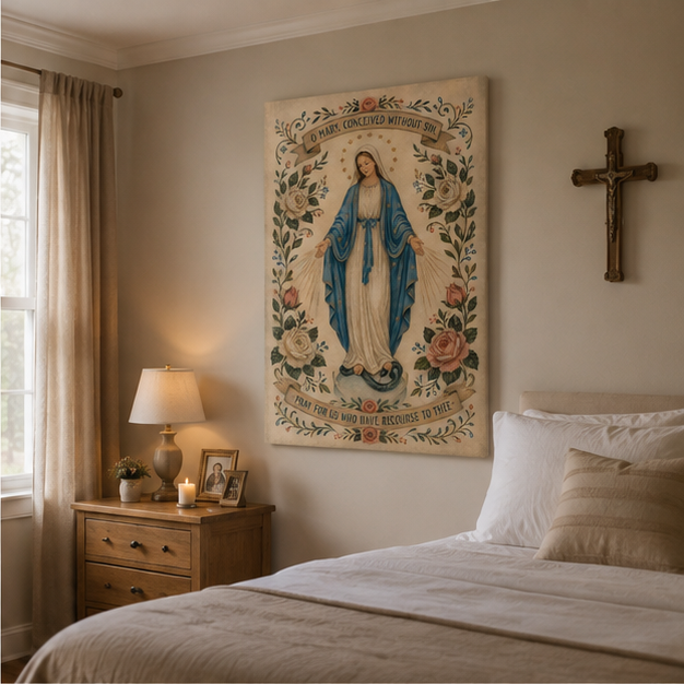 Our Lady of the Miraculous Medal Canvas Print, O Mary Conceived Without Sin Prayer, Catholic Home Decor
