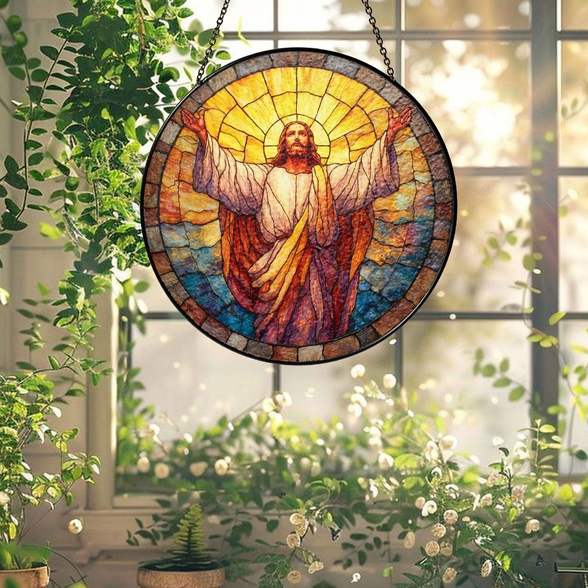 Jesus Stained Glass Suncatcher, Christian Window Hanging Decor, Radiant Faith Blessing Art, Religious Home Gift