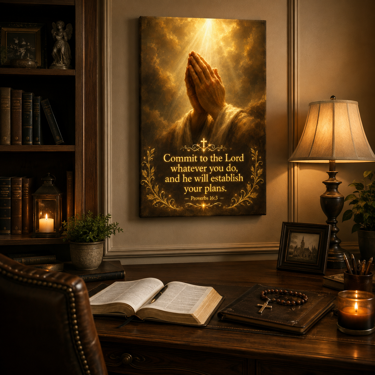 Commit To The Lord Canvas Print, Praying Hands Golden Light Art