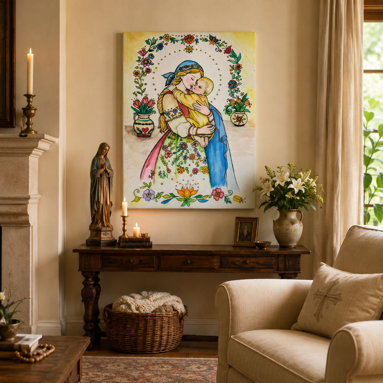 Virgin Mary and Child Jesus Canvas Print, Blessed Mother’s Love and Protection, Catholic Folk Art Home Decor