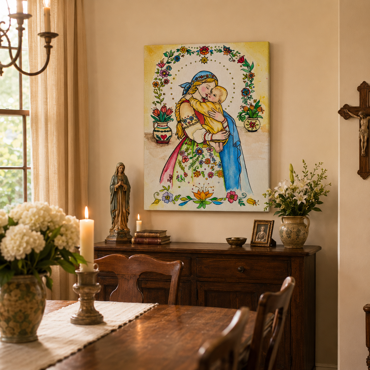 Virgin Mary and Child Jesus Canvas Print, Blessed Mother’s Love and Protection, Catholic Folk Art Home Decor