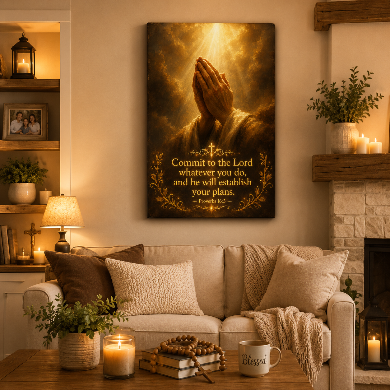 Commit To The Lord Canvas Print, Praying Hands Golden Light Art