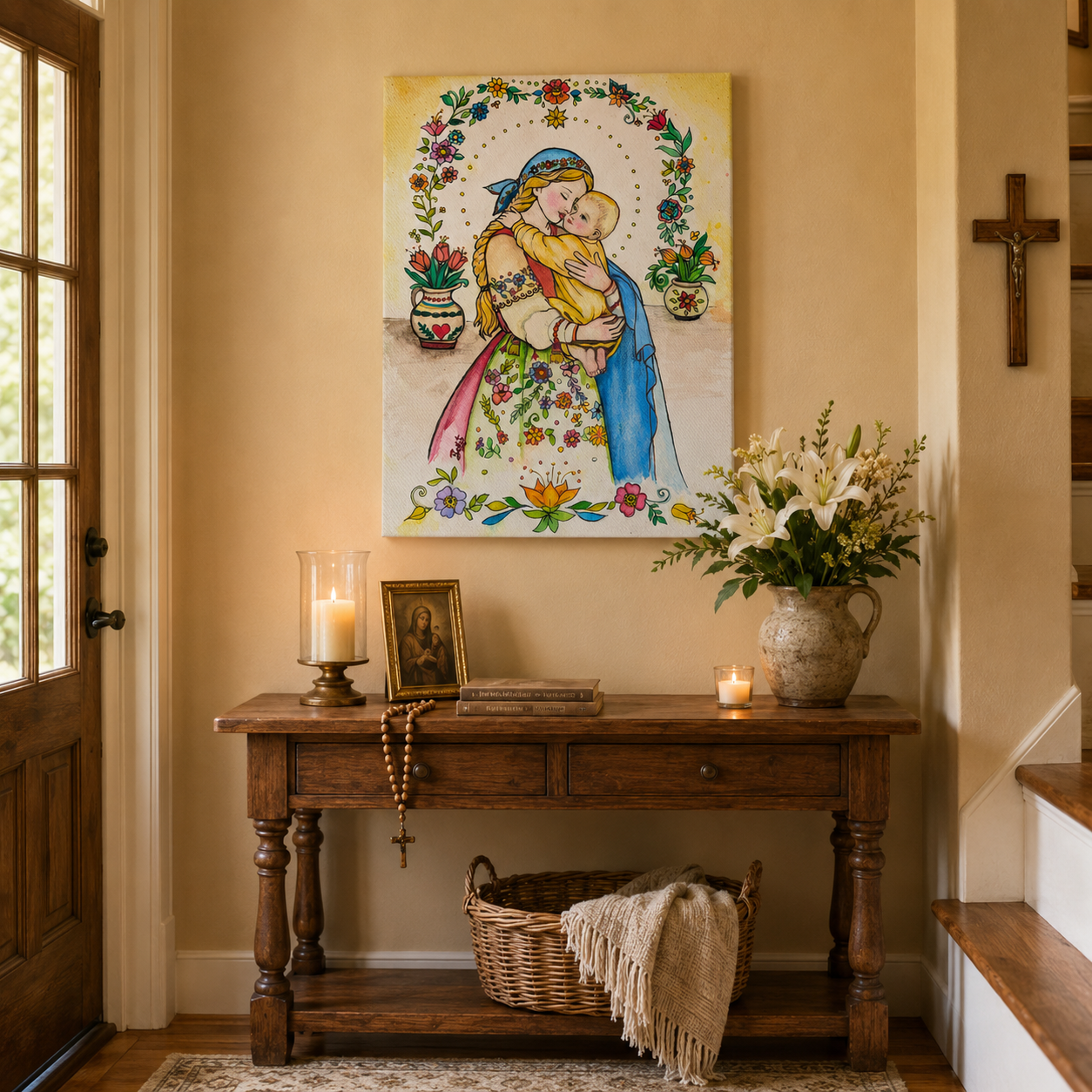 Virgin Mary and Child Jesus Canvas Print, Blessed Mother’s Love and Protection, Catholic Folk Art Home Decor