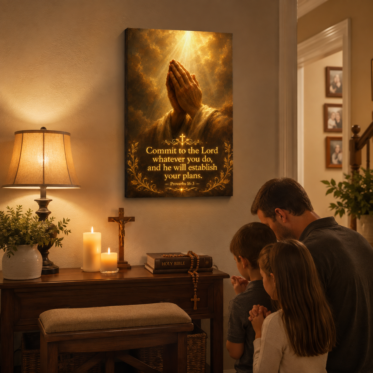 Commit To The Lord Canvas Print, Praying Hands Golden Light Art