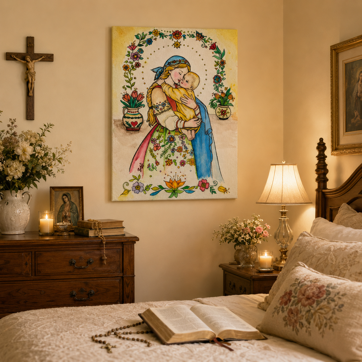 Virgin Mary and Child Jesus Canvas Print, Blessed Mother’s Love and Protection, Catholic Folk Art Home Decor