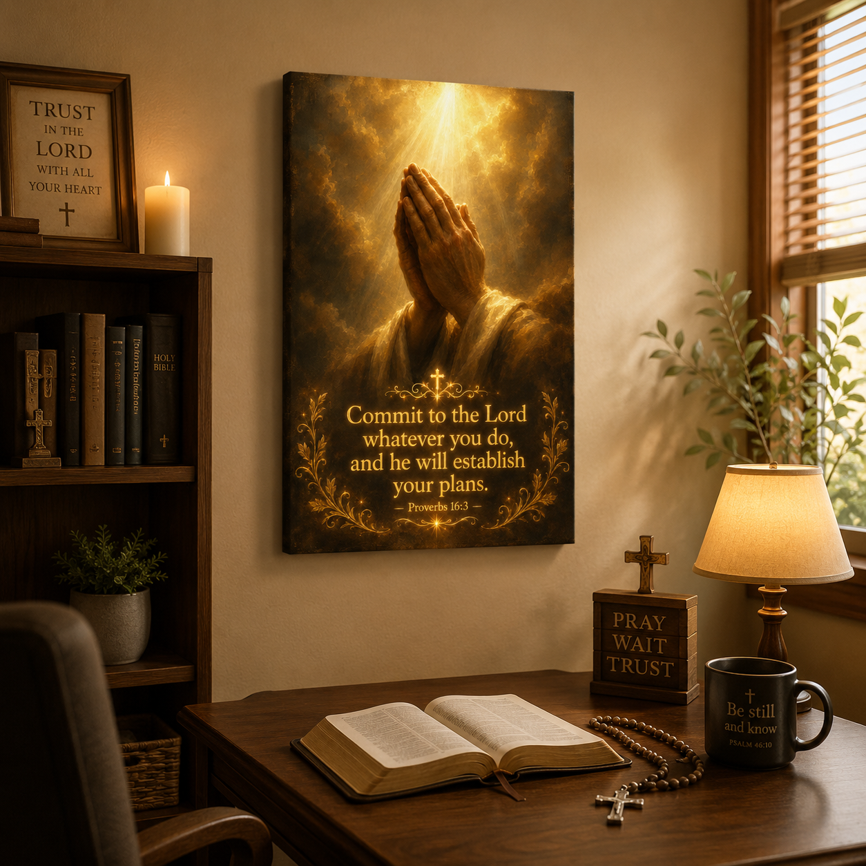 Commit To The Lord Canvas Print, Praying Hands Golden Light Art