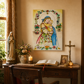 Virgin Mary and Child Jesus Canvas Print, Blessed Mother’s Love and Protection, Catholic Folk Art Home Decor