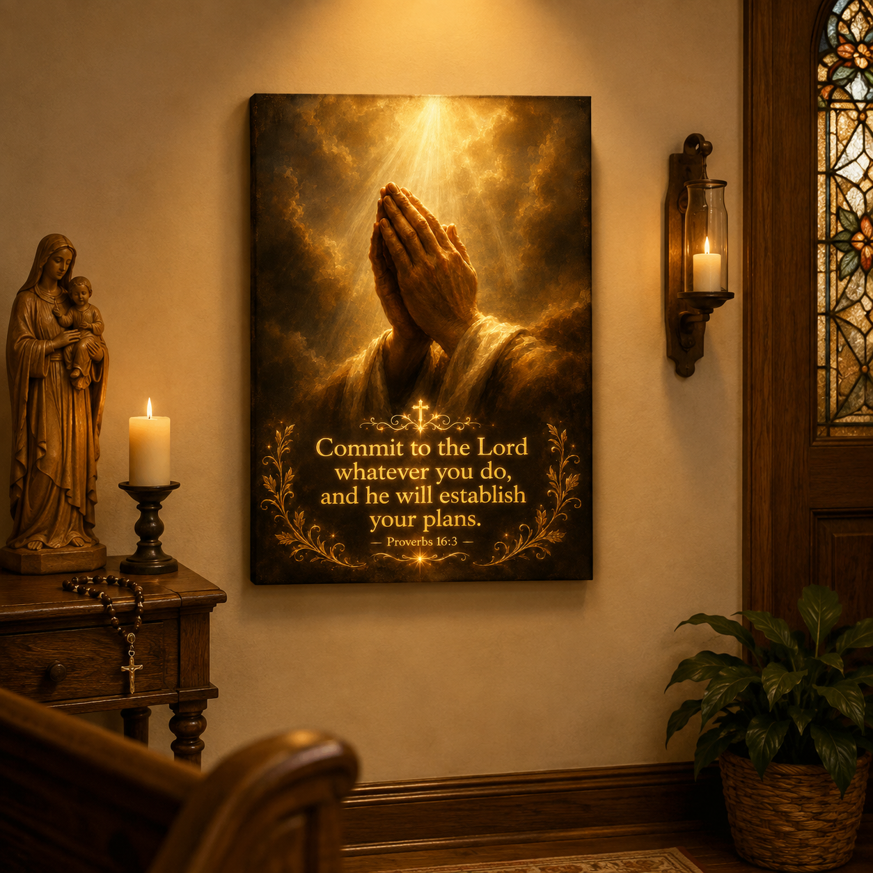 Commit To The Lord Canvas Print, Praying Hands Golden Light Art