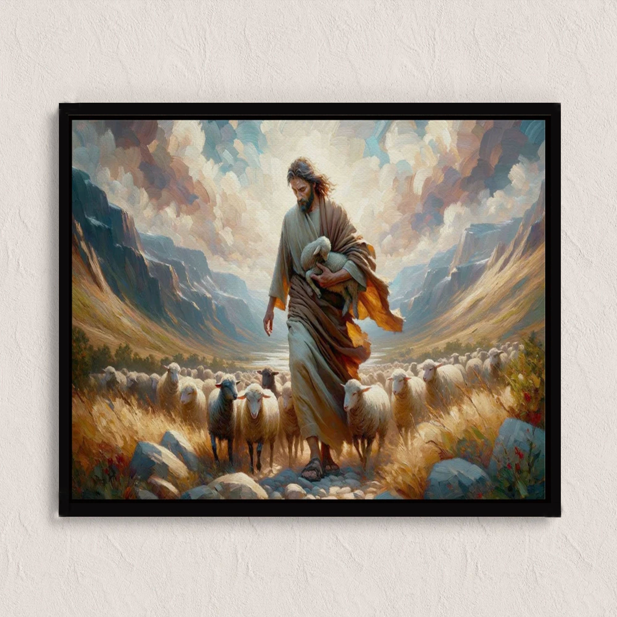Jesus and the Lost Sheep Framed Canvas Print, Christian Wall Art, Faith Home Decor Gift