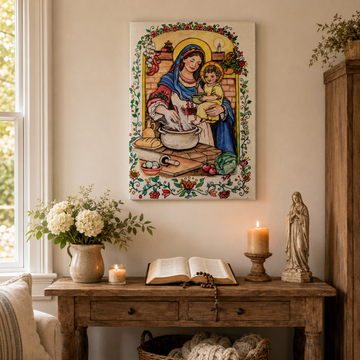 Virgin Mary and Child Jesus Canvas Print, Blessed Mother in the Family Kitchen, Catholic Folk Art Home Decor