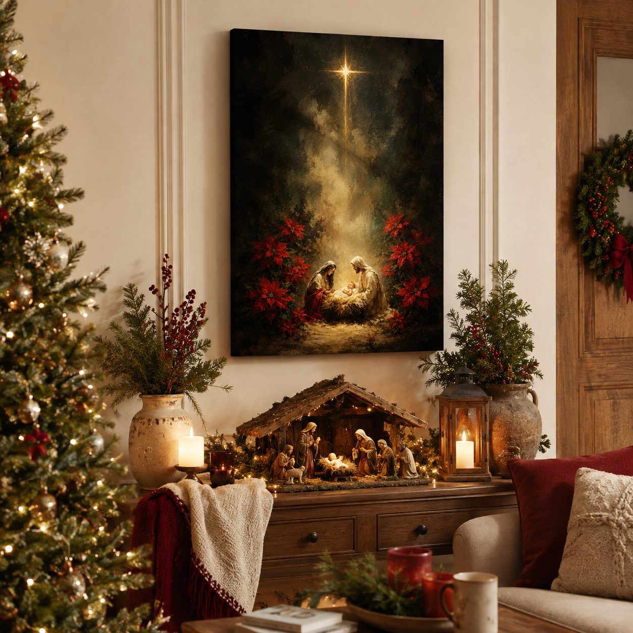Nativity of Jesus Canvas Print, Star of Bethlehem and Holy Family, Catholic Christmas Home Decor