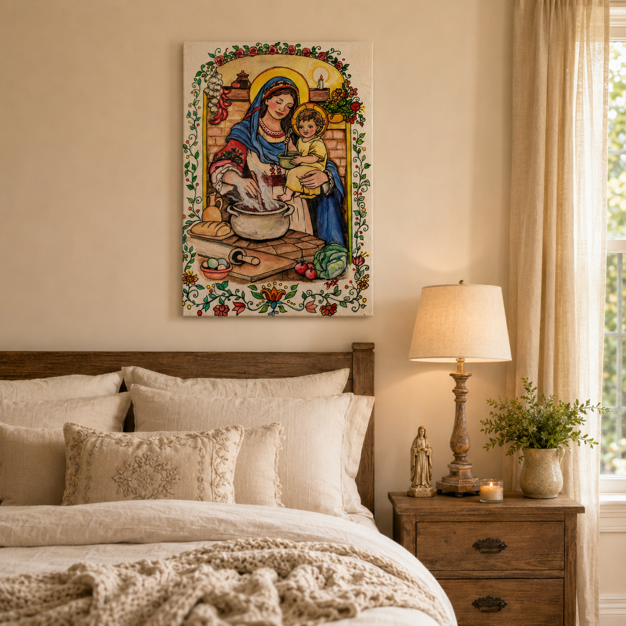 Virgin Mary and Child Jesus Canvas Print, Blessed Mother in the Family Kitchen, Catholic Folk Art Home Decor
