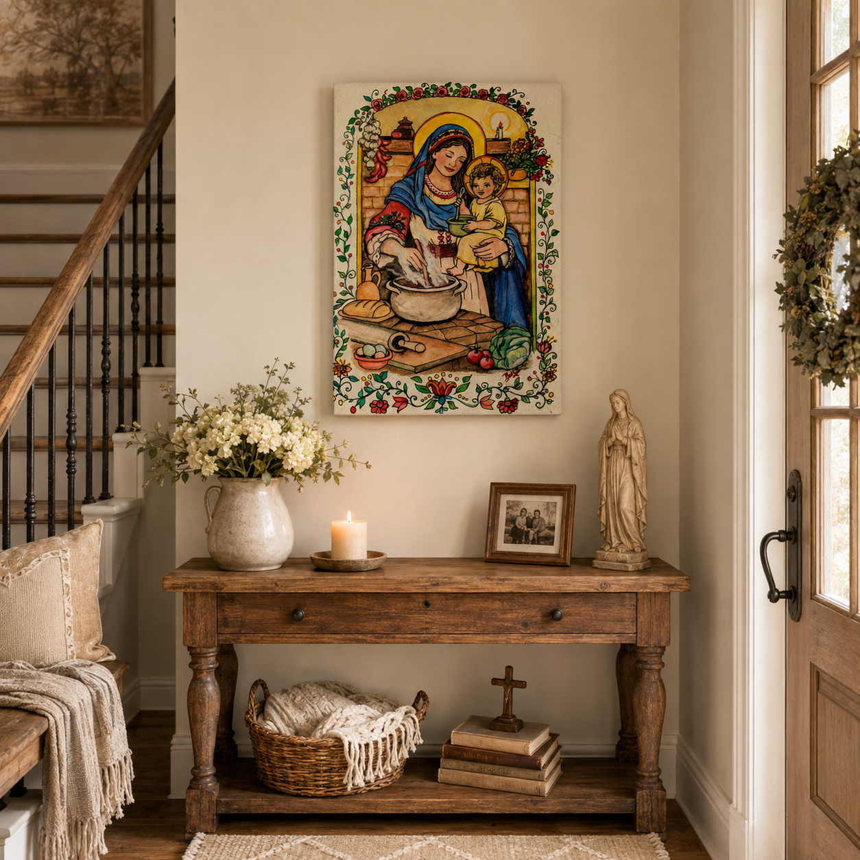 Virgin Mary and Child Jesus Canvas Print, Blessed Mother in the Family Kitchen, Catholic Folk Art Home Decor