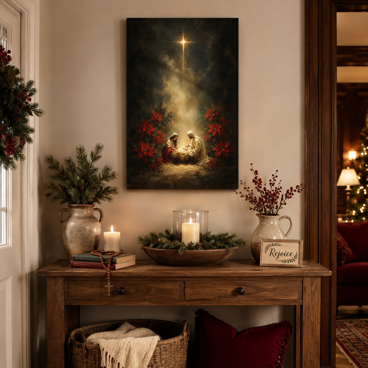 Nativity of Jesus Canvas Print, Star of Bethlehem and Holy Family, Catholic Christmas Home Decor