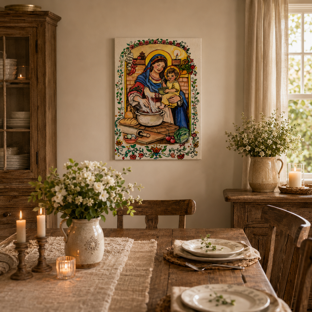 Virgin Mary and Child Jesus Canvas Print, Blessed Mother in the Family Kitchen, Catholic Folk Art Home Decor
