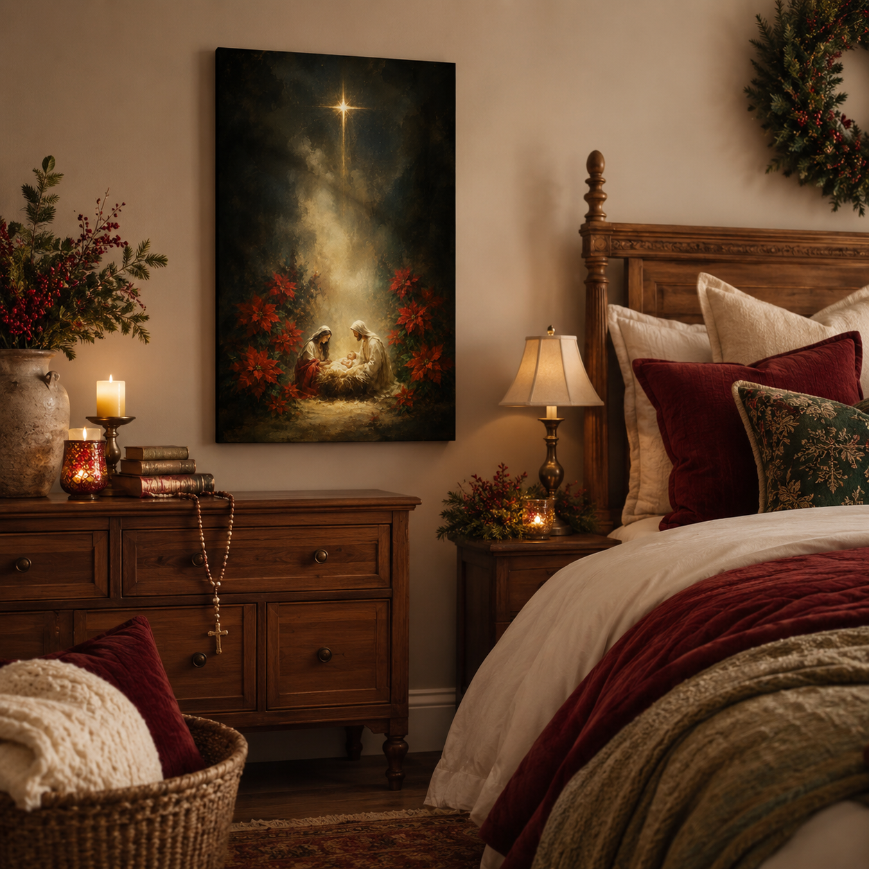 Nativity of Jesus Canvas Print, Star of Bethlehem and Holy Family, Catholic Christmas Home Decor