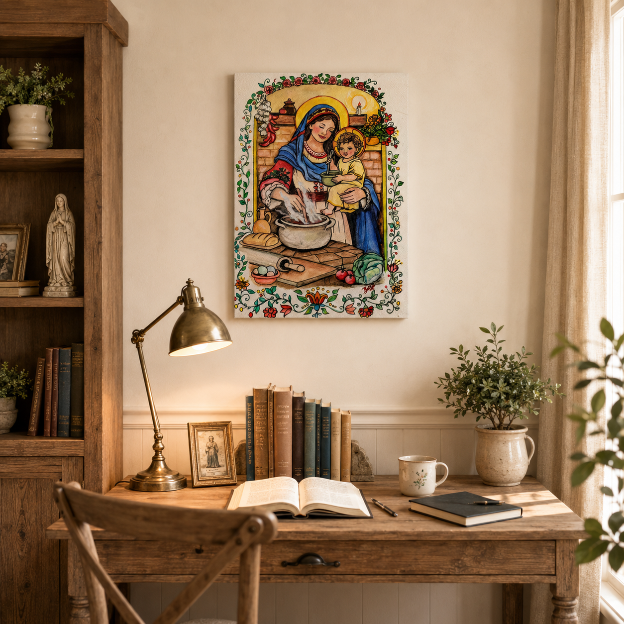 Virgin Mary and Child Jesus Canvas Print, Blessed Mother in the Family Kitchen, Catholic Folk Art Home Decor