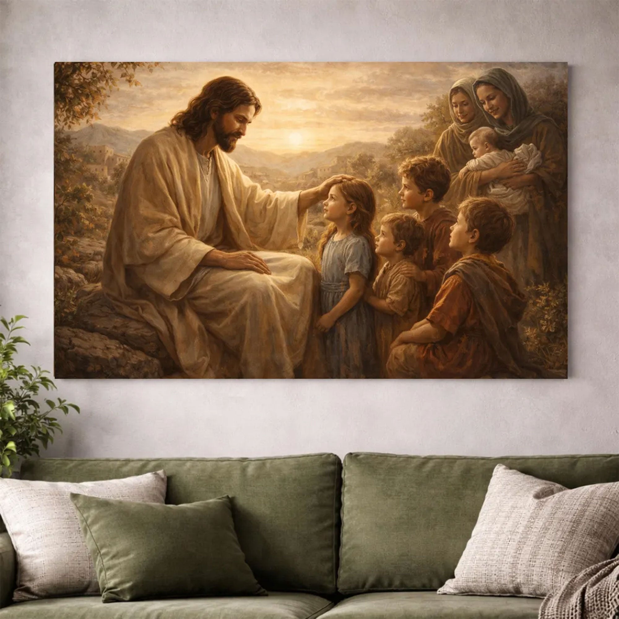 Jesus Blessing the Children Wall Art, Christian Canvas Print, Kids Room Faith Decor