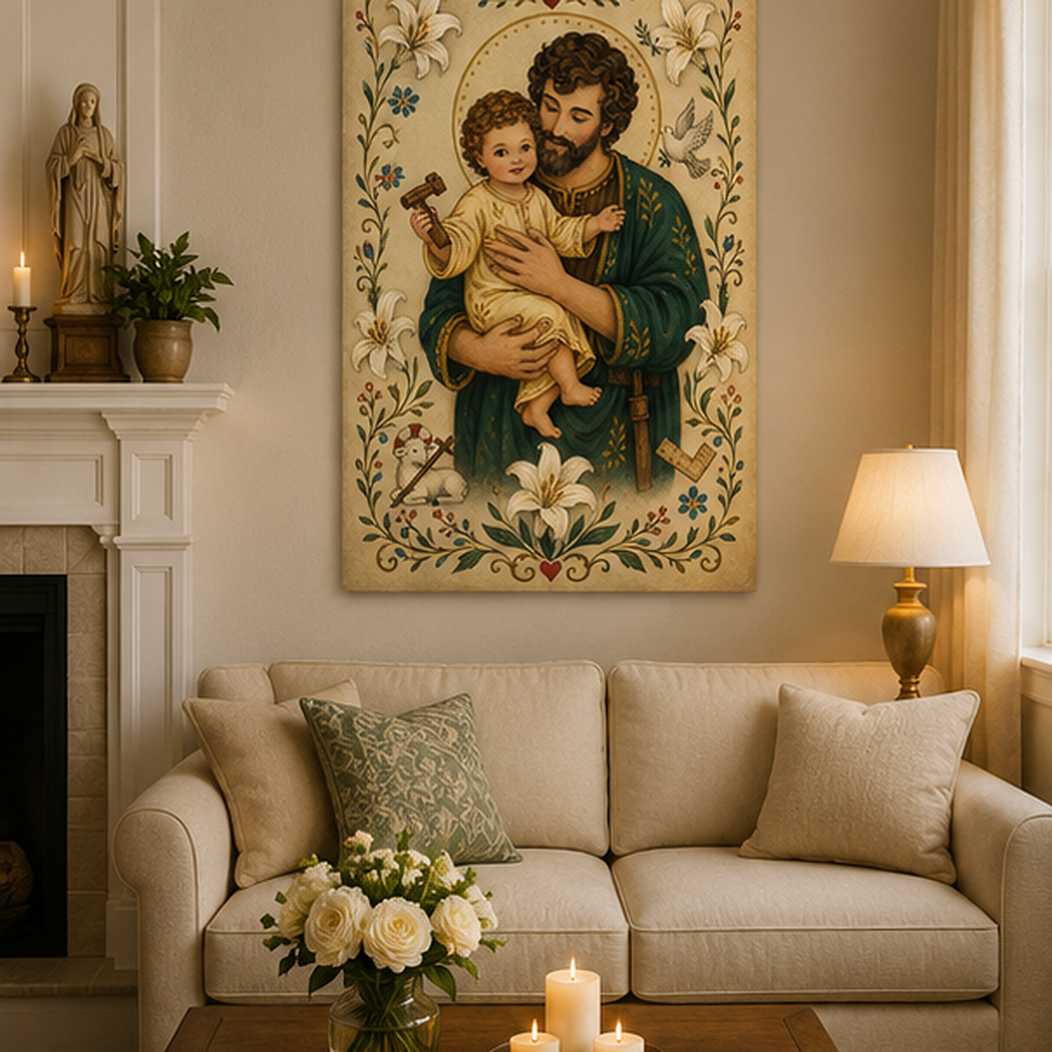 Saint Joseph and Child Jesus Canvas Print, Loving Father and Protector of the Holy Family, Catholic Home Decor