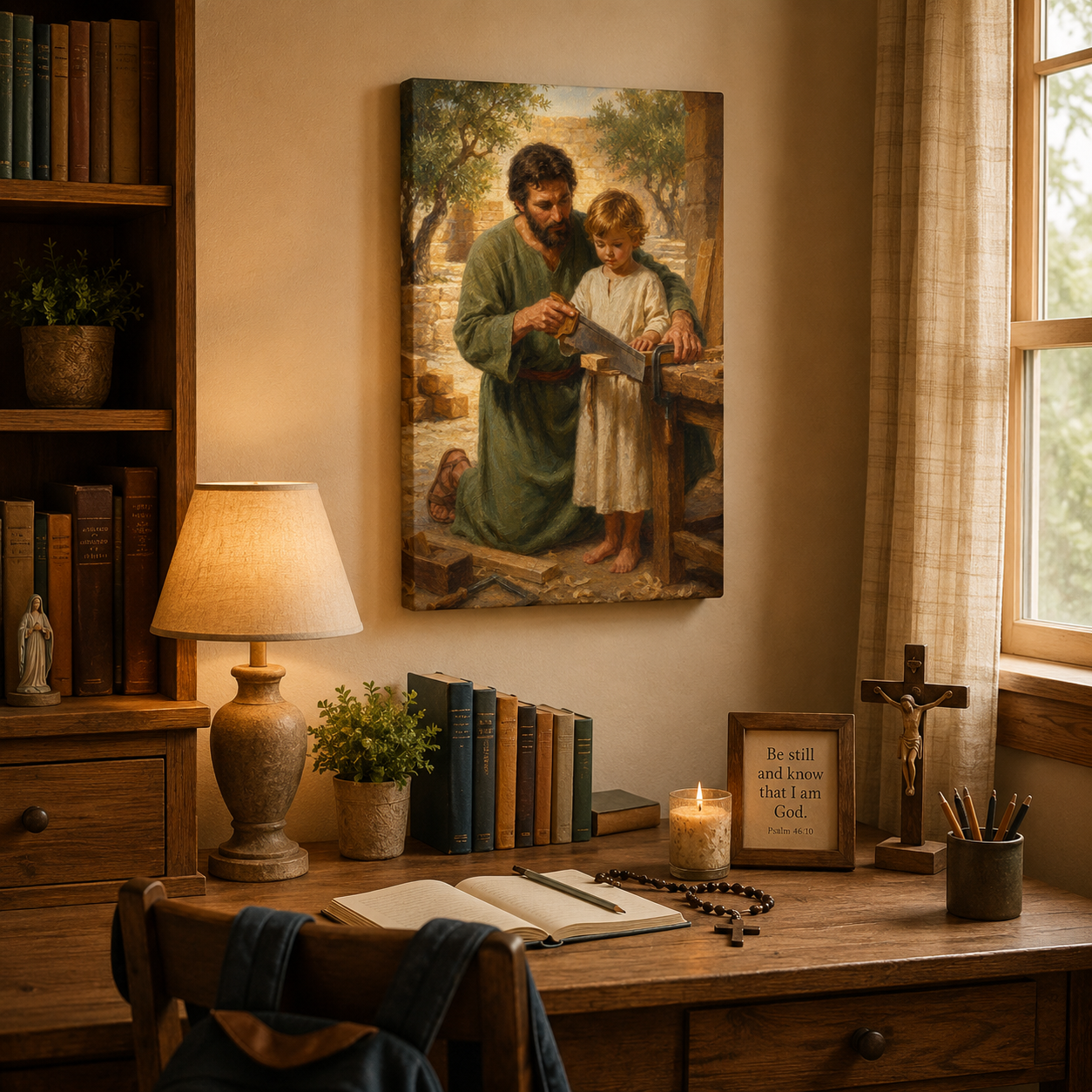 Saint Joseph Teaching Jesus Canvas Print, Carpenter Workshop Nazareth