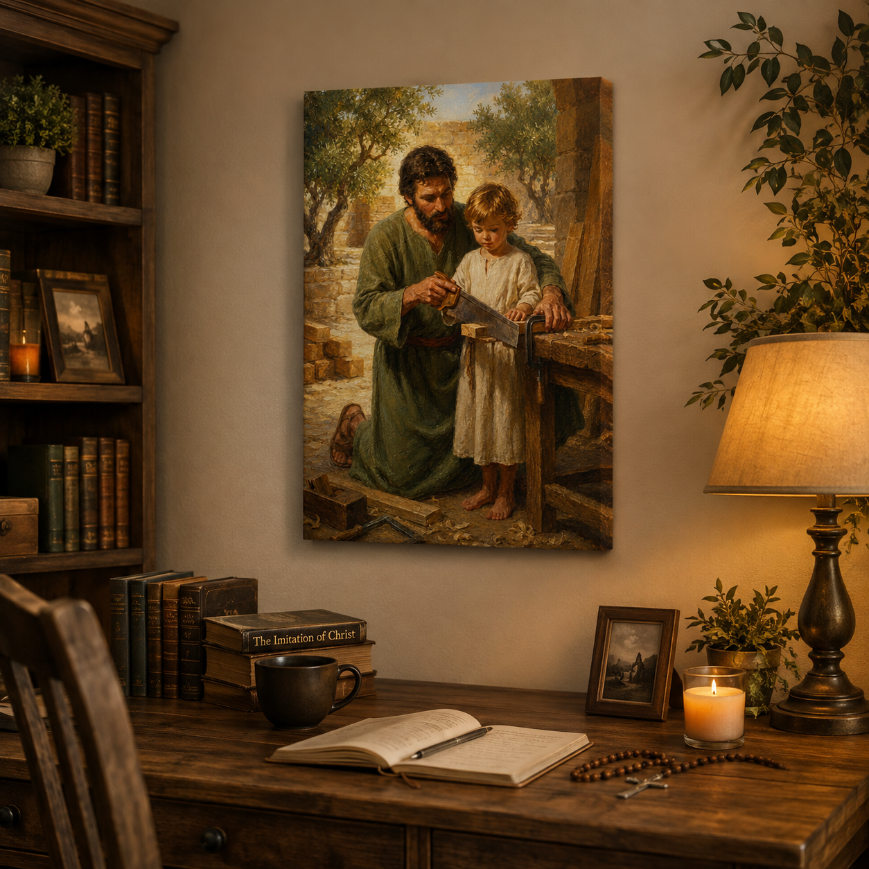 Saint Joseph Teaching Jesus Canvas Print, Carpenter Workshop Nazareth
