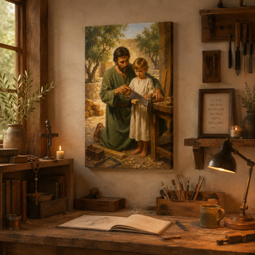 Saint Joseph Teaching Jesus Canvas Print, Carpenter Workshop Nazareth