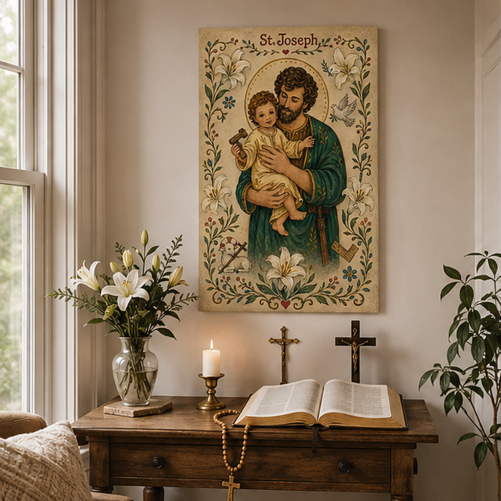 Saint Joseph and Child Jesus Canvas Print, Loving Father and Protector of the Holy Family, Catholic Home Decor