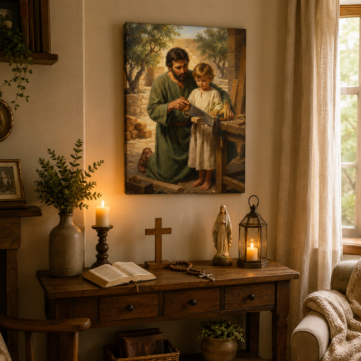 Saint Joseph Teaching Jesus Canvas Print, Carpenter Workshop Nazareth