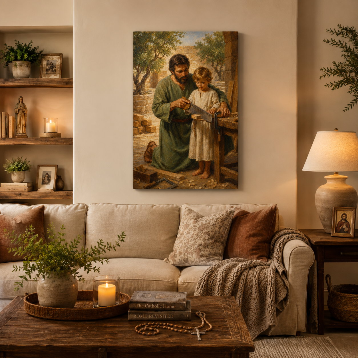 Saint Joseph Teaching Jesus Canvas Print, Carpenter Workshop Nazareth
