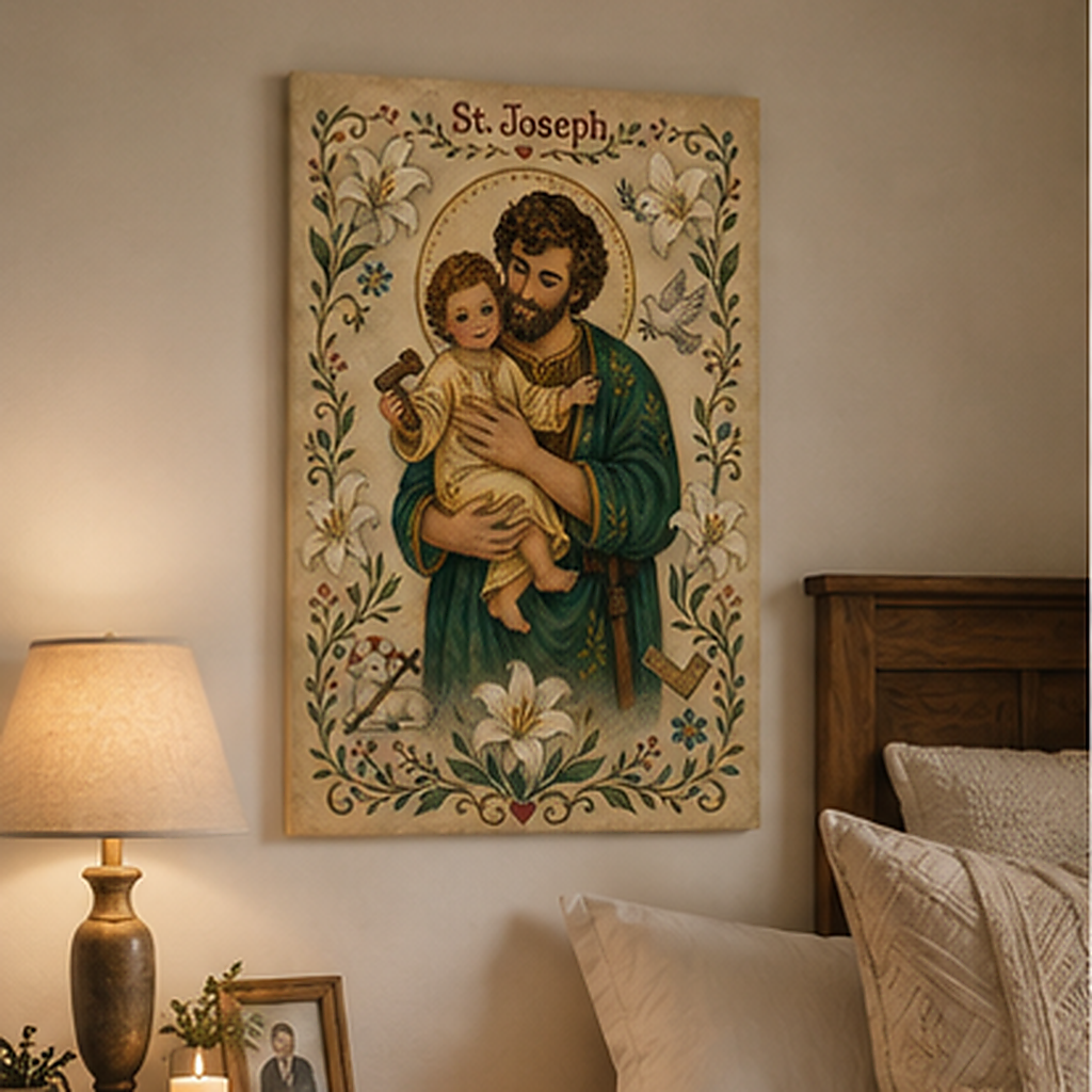 Saint Joseph and Child Jesus Canvas Print, Loving Father and Protector of the Holy Family, Catholic Home Decor