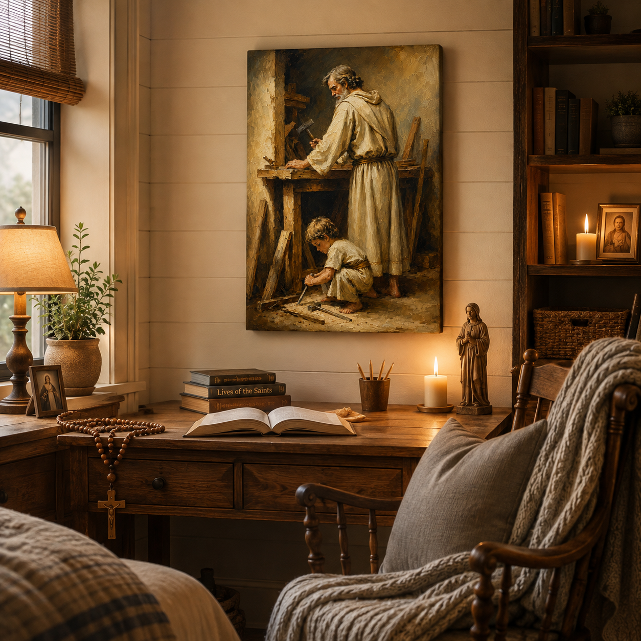 Saint Joseph and Jesus Working Canvas Print Catholic Homeschool Art