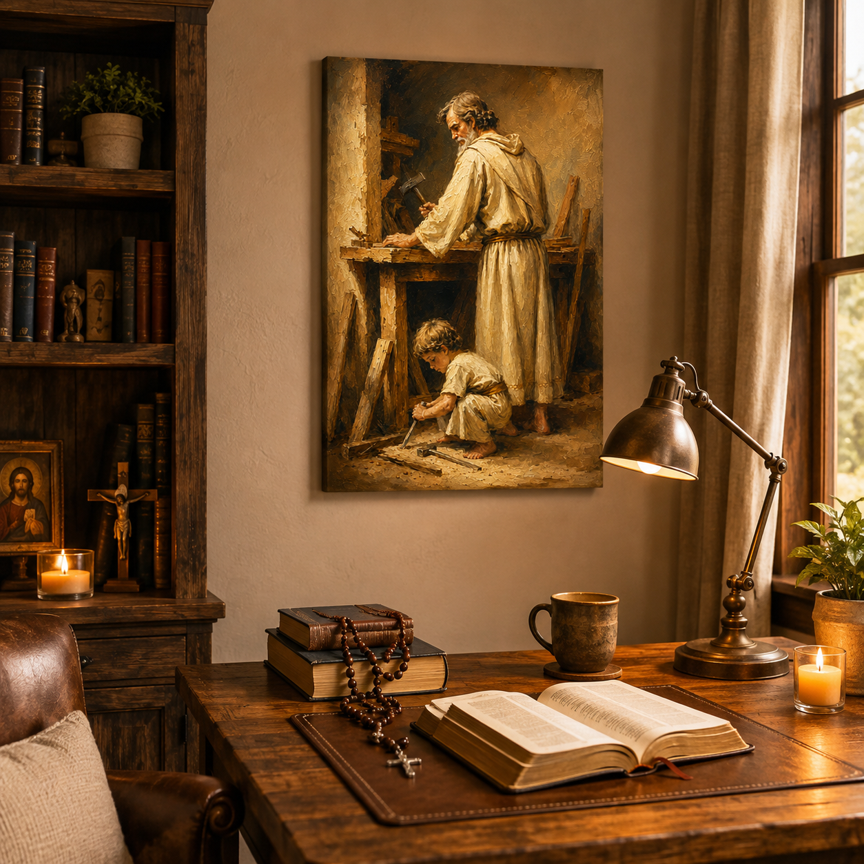 Saint Joseph and Jesus Working Canvas Print Catholic Homeschool Art
