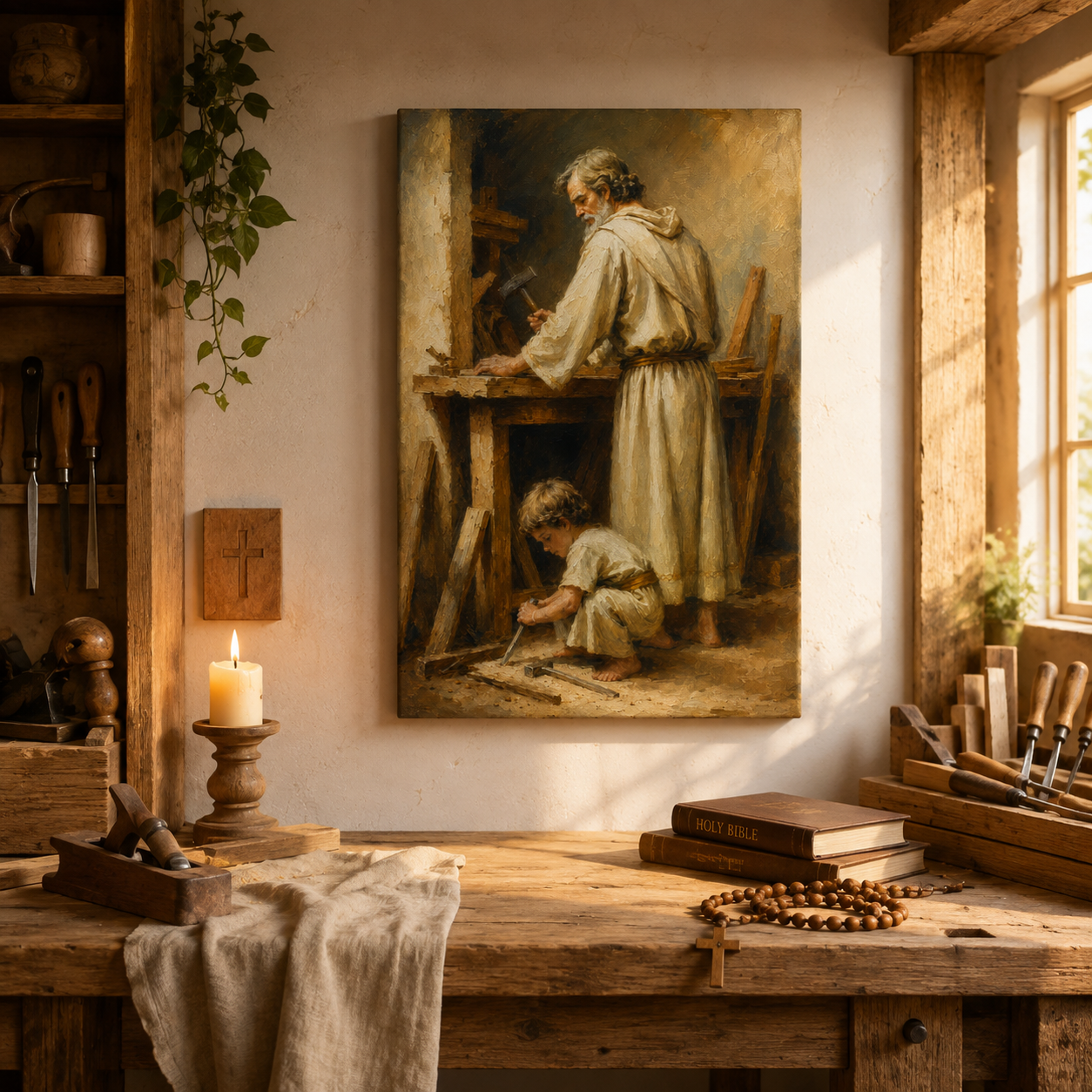 Saint Joseph and Jesus Working Canvas Print Catholic Homeschool Art