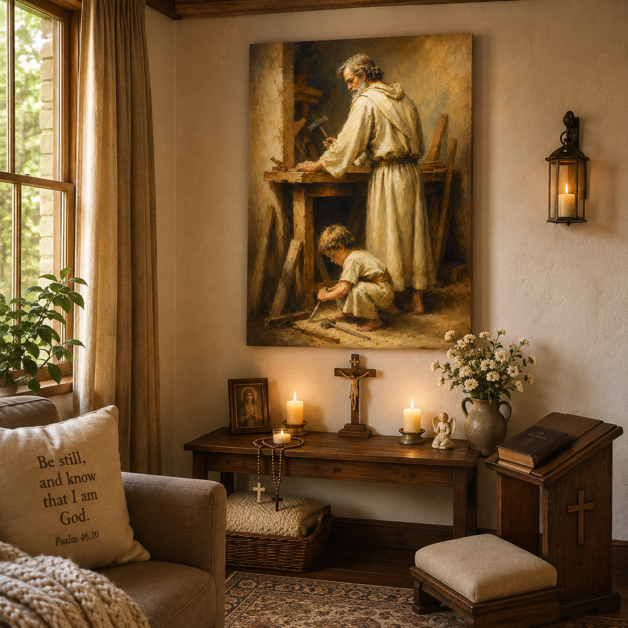 Saint Joseph and Jesus Working Canvas Print Catholic Homeschool Art