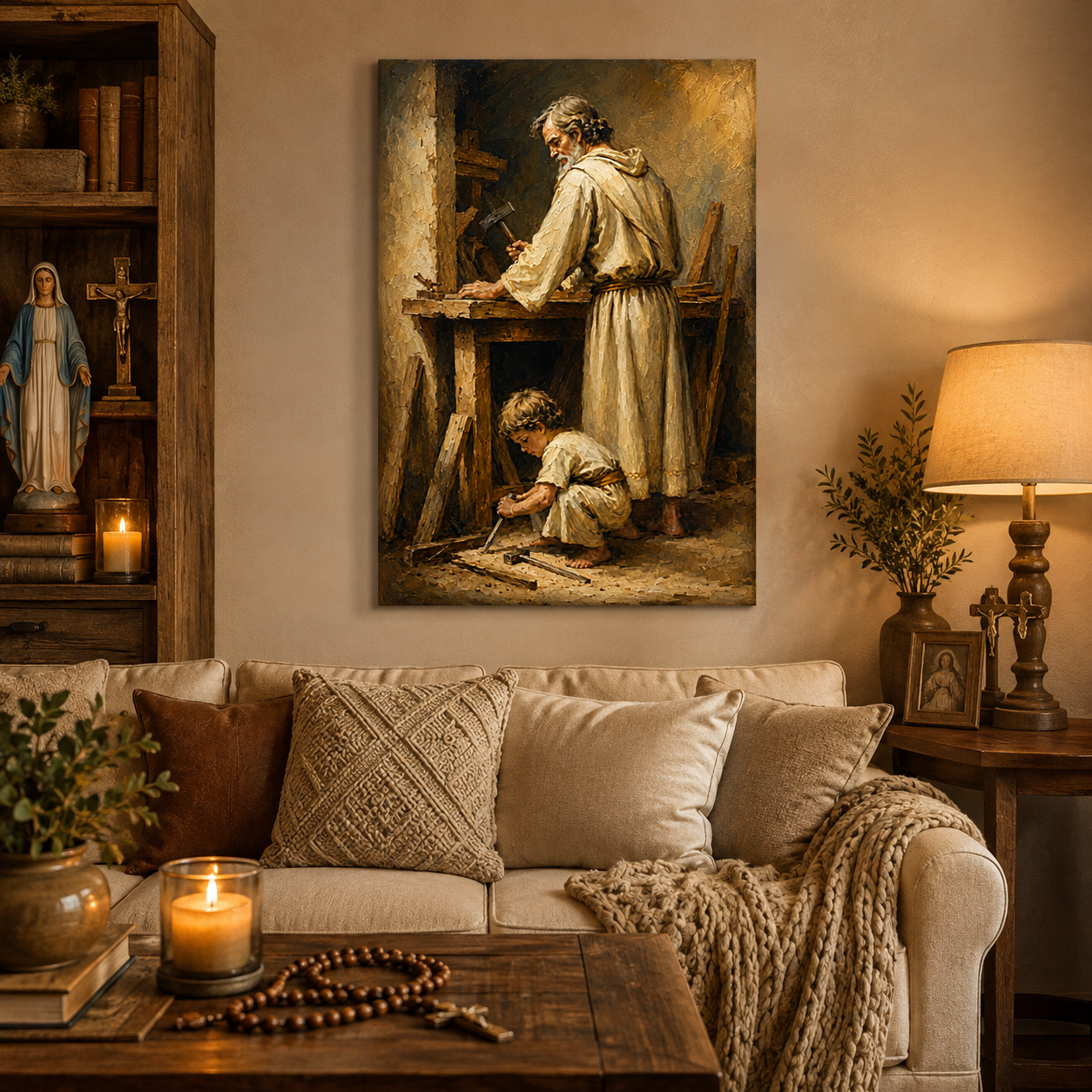 Saint Joseph and Jesus Working Canvas Print Catholic Homeschool Art