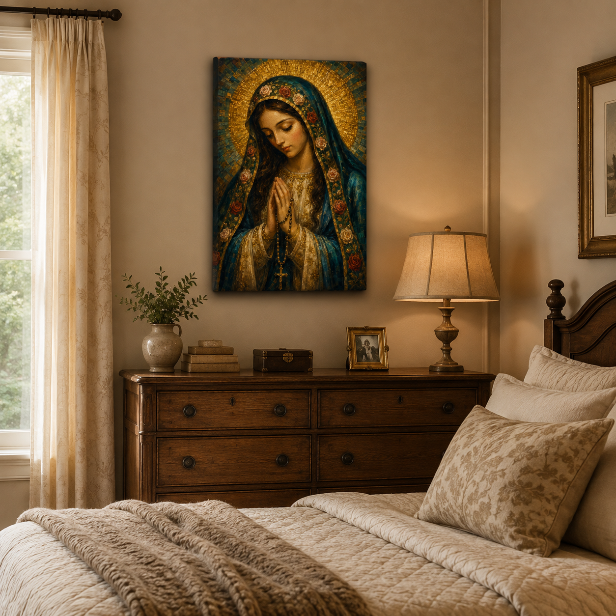 Virgin Mary with Rosary Canvas Print - She Prays With You Always