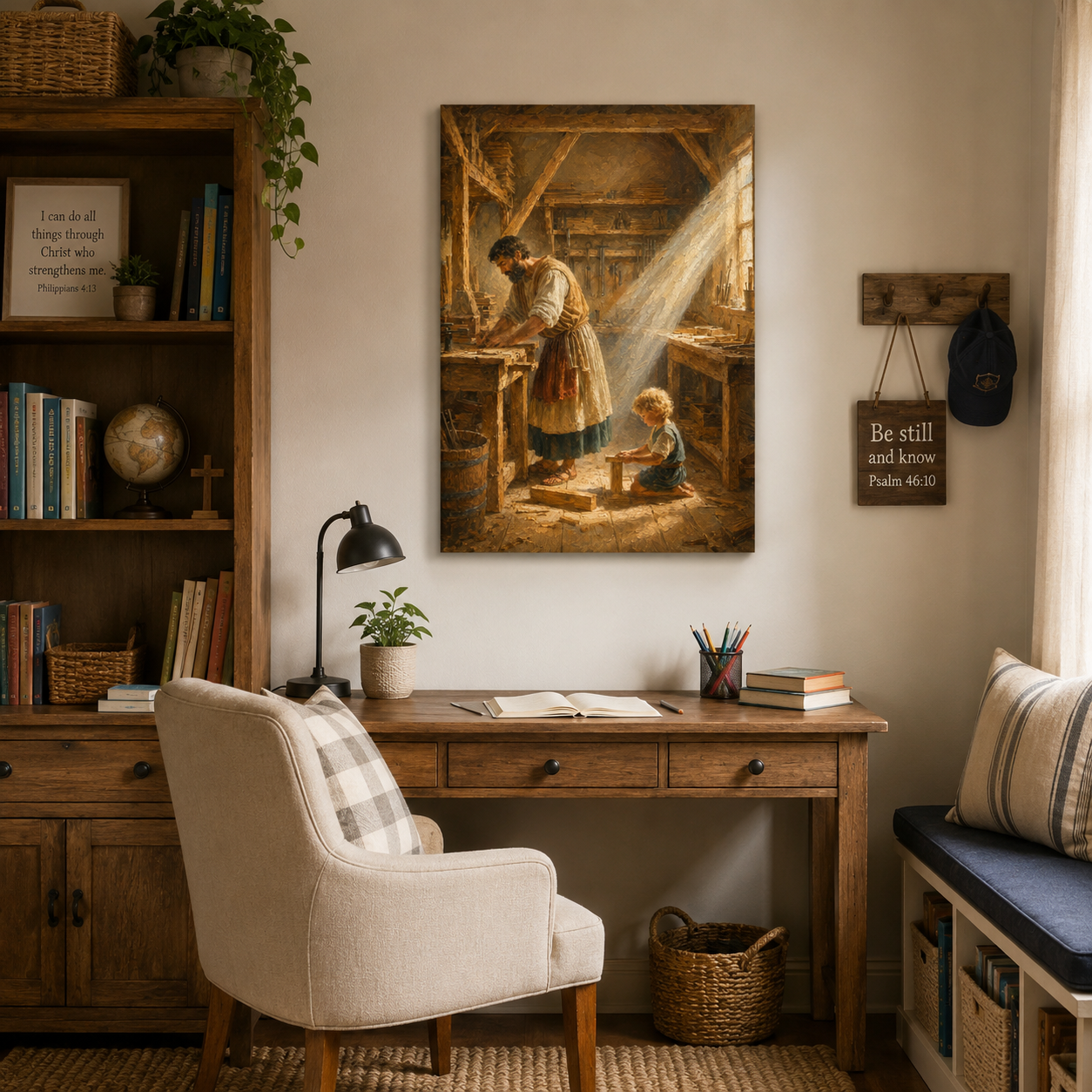 St Joseph Teaching Jesus Carpentry Canvas Print, Catholic Home Decor