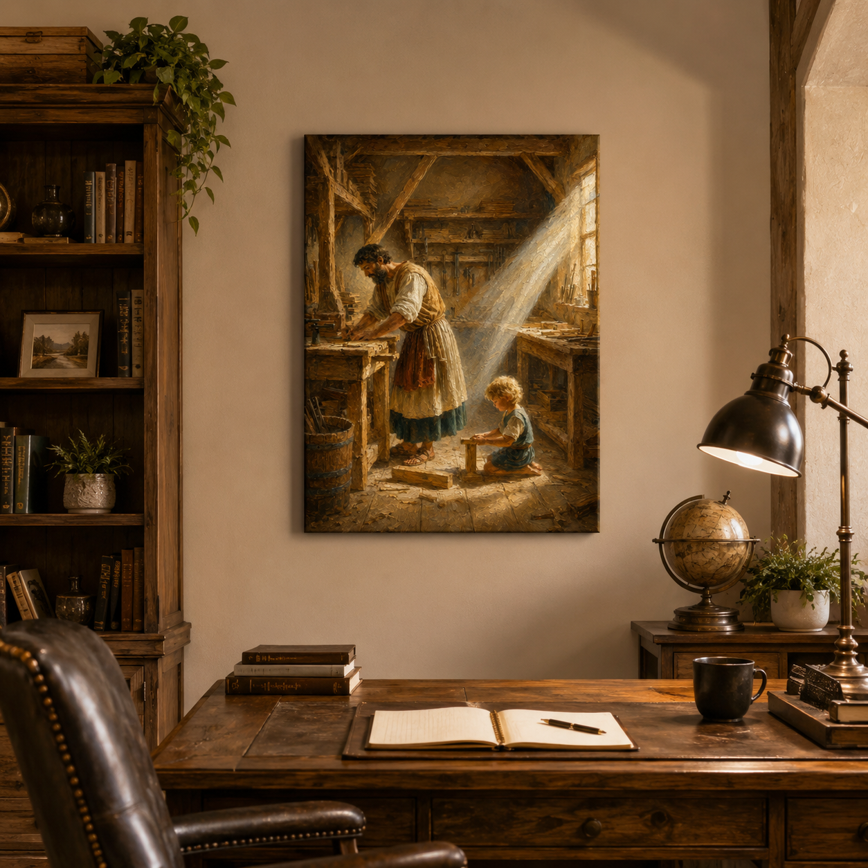 St Joseph Teaching Jesus Carpentry Canvas Print, Catholic Home Decor
