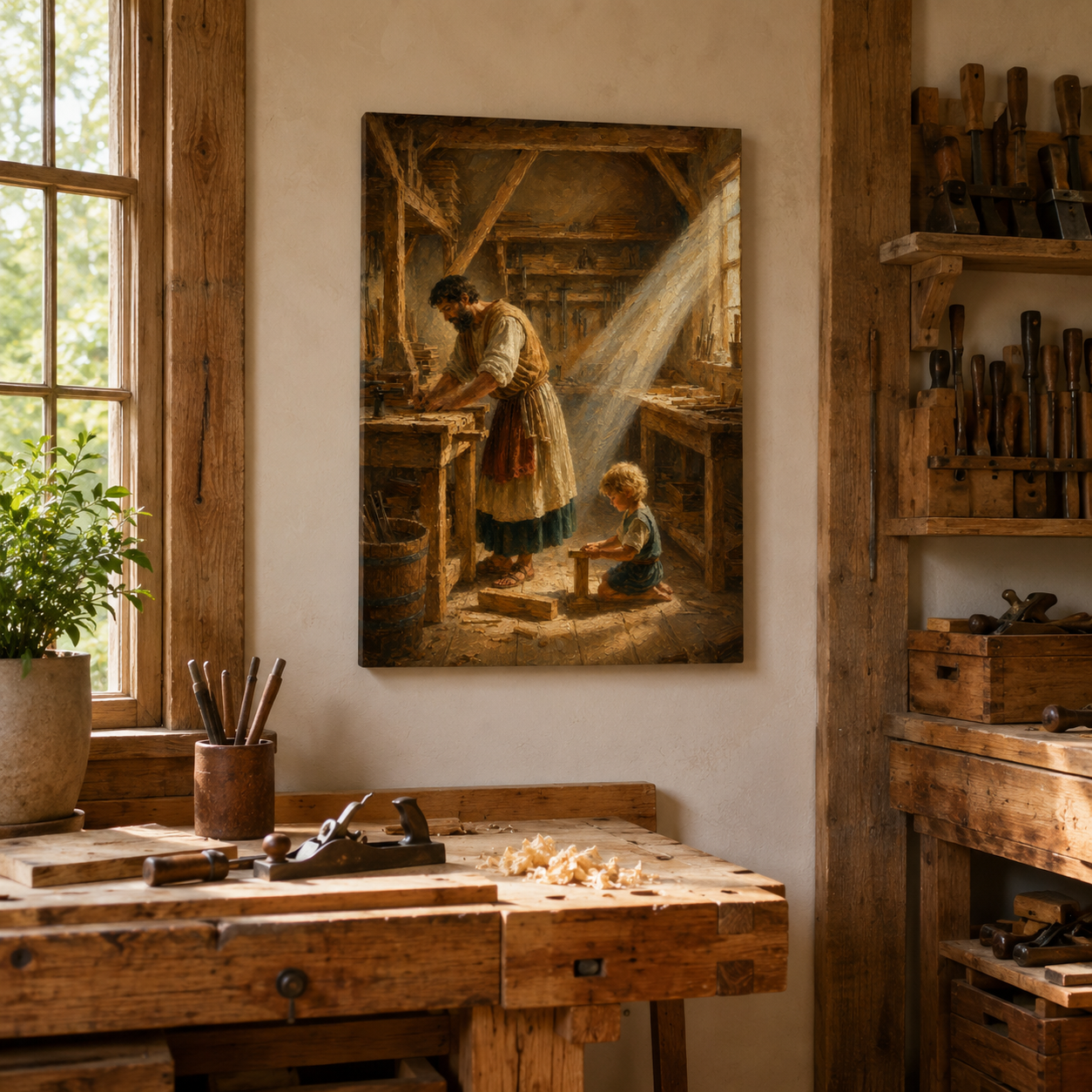 St Joseph Teaching Jesus Carpentry Canvas Print, Catholic Home Decor