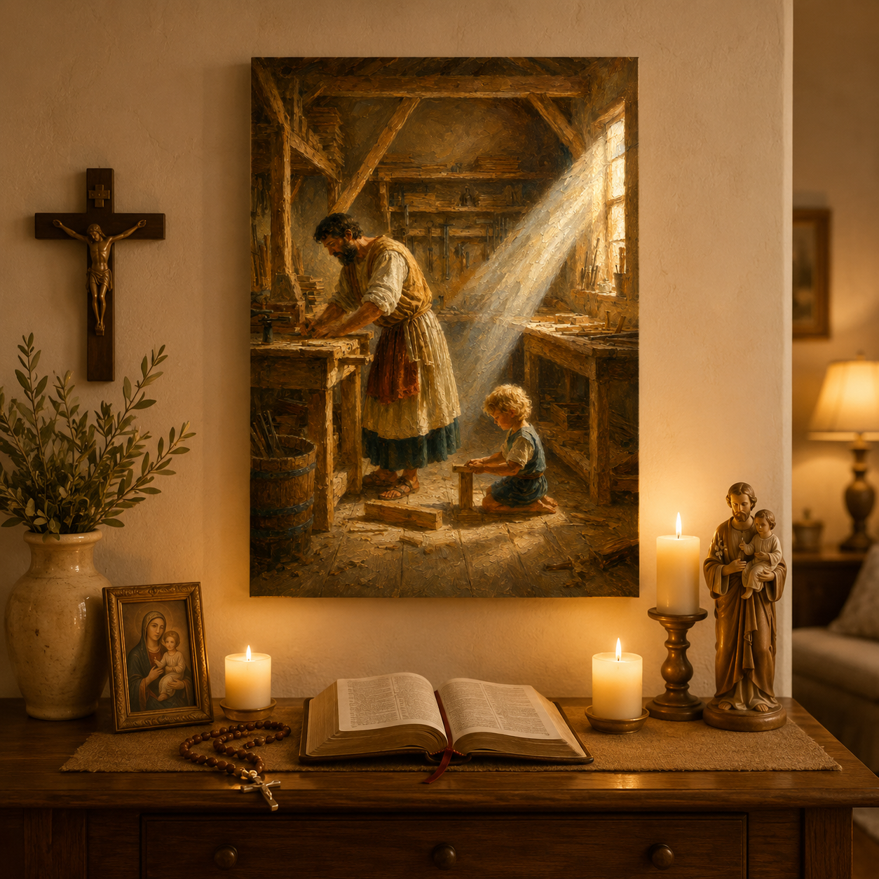 St Joseph Teaching Jesus Carpentry Canvas Print, Catholic Home Decor