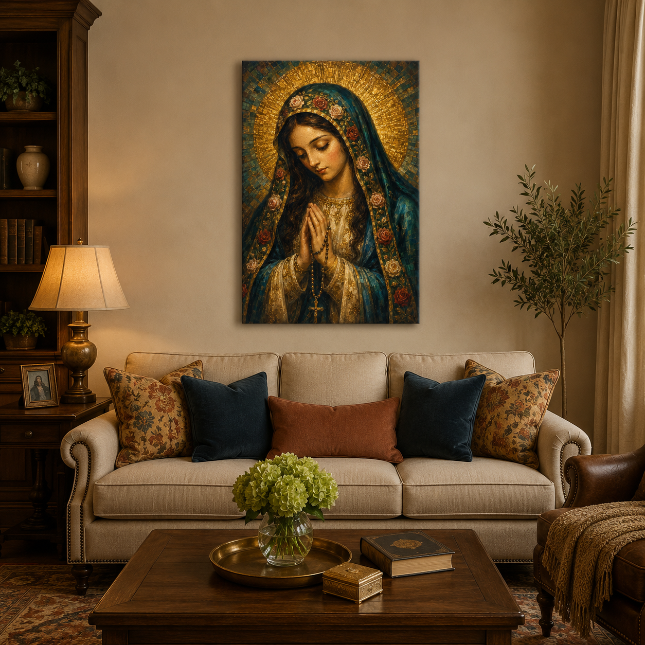 Virgin Mary with Rosary Canvas Print - She Prays With You Always